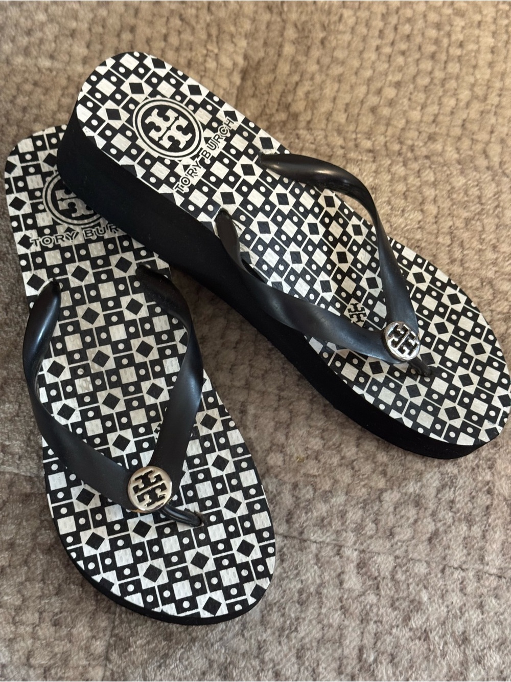 Tory Burch Black and White Logo-Print Wedge Flip Flops